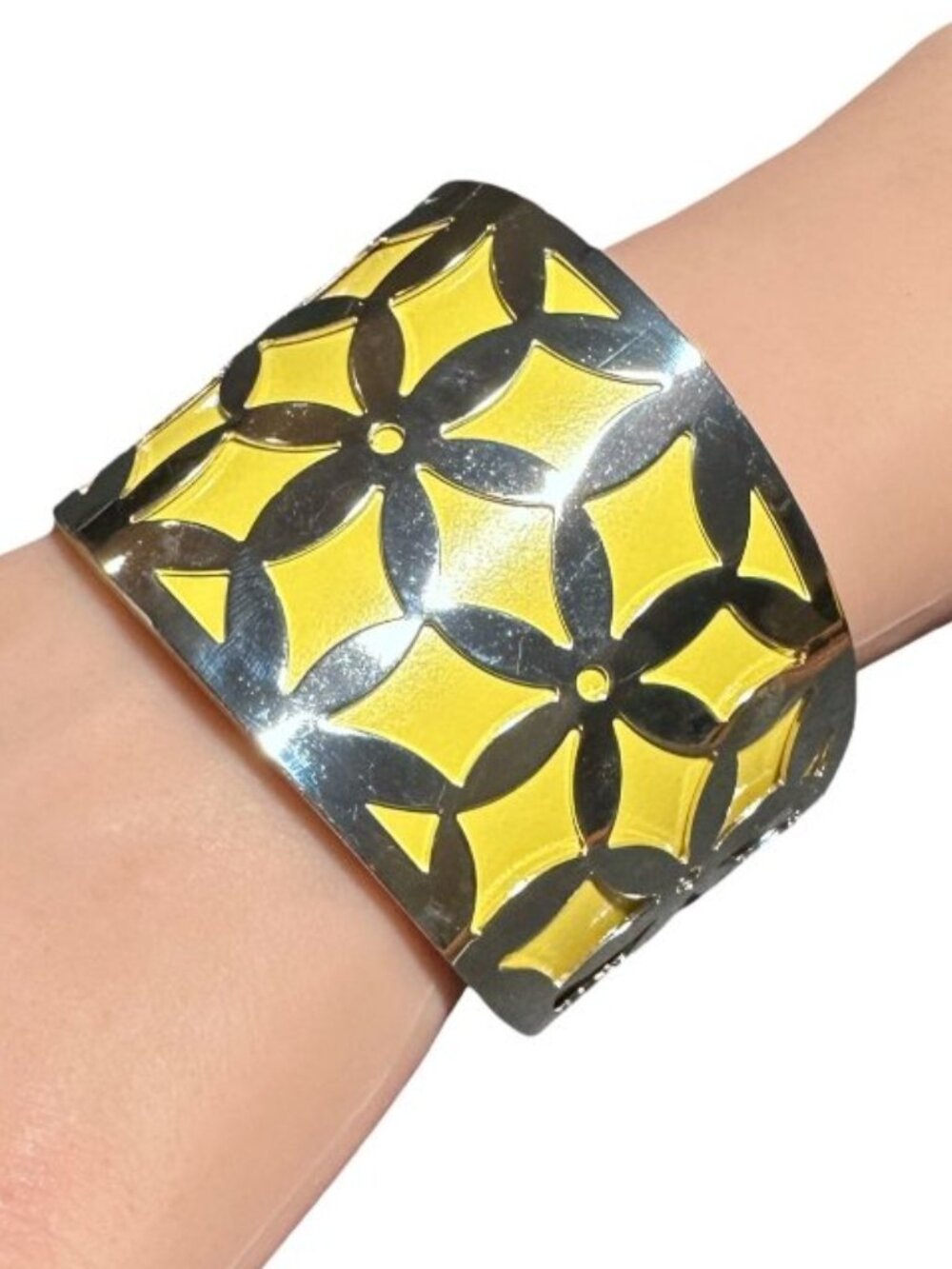 Floral Cutout Cuff Bracelet Silver Tone Yellow Faux Leather Womens Jewelry NWOT